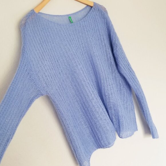 United Colors Of Benetton Sheer Mohair Blend Pullover Sweater L Periwinkle Blue - Picture 12 of 15